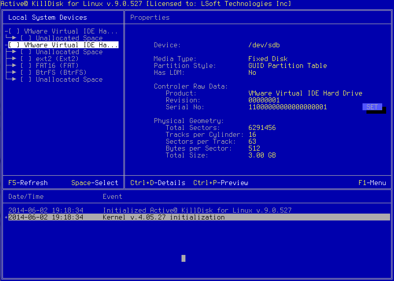 Active@ KillDisk Console. Detected Physical Devices