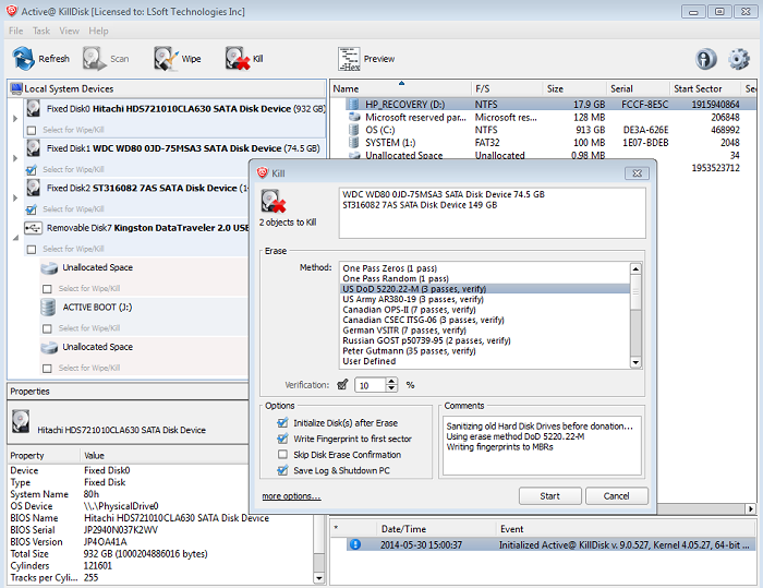 Active@ KillDisk Windows. Erasing Data from Hard Disk.Erase Options.