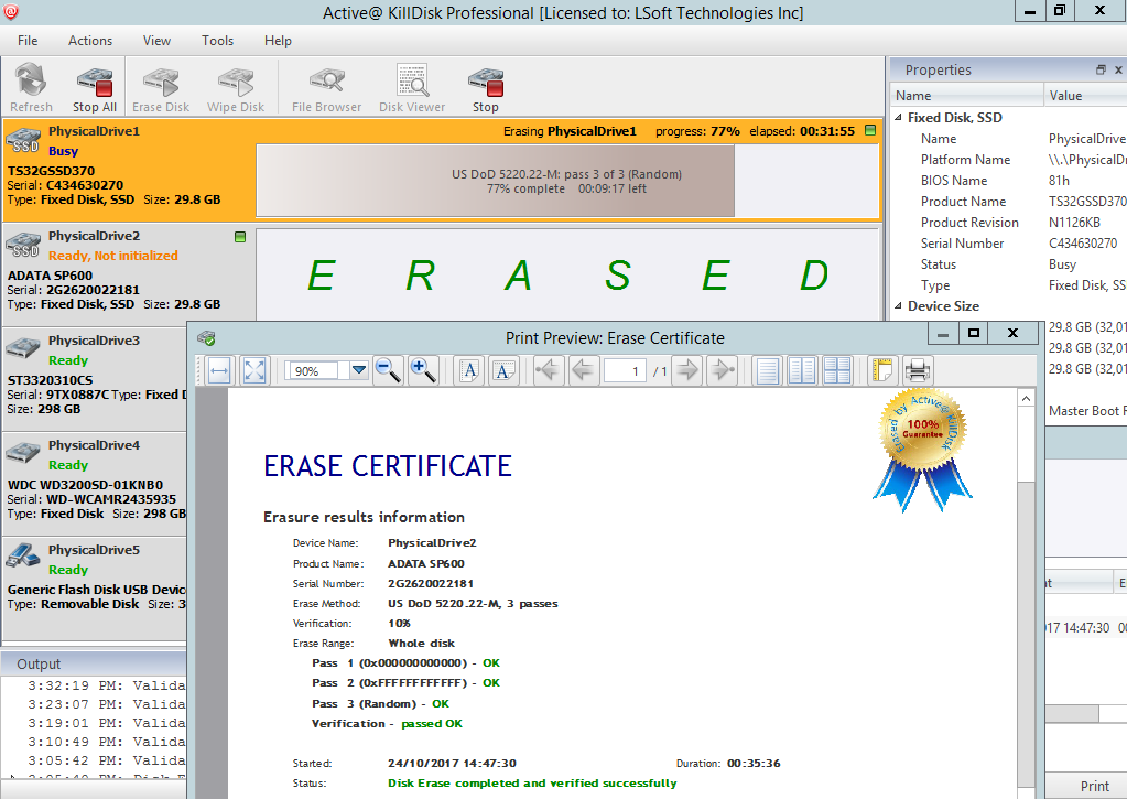Active@ KillDisk for Linux. Erasing Certificate PDF.