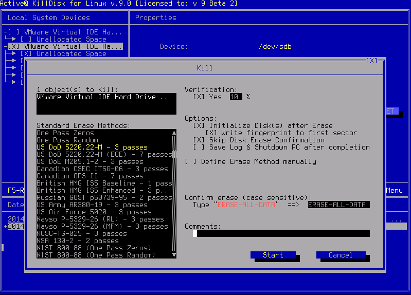 Active@ KillDisk for Linux Console: Kill dialog box