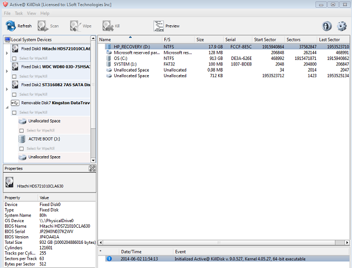 Active@ KillDisk Windows. Erasing Data from Hard Disk. Detected Disks.
