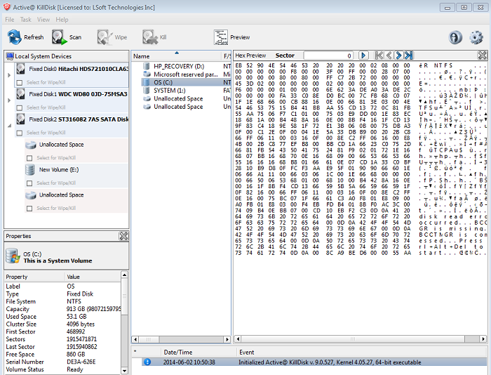 Active@ KillDisk Windows. Erasing Data from Hard Disk. Data Viewer.